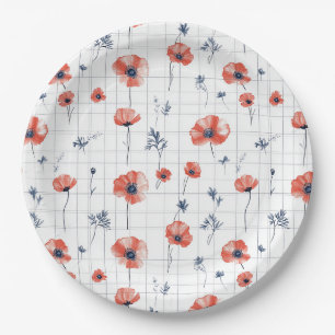 Watercolor Red Poppies Pattern on White Paper Plate
