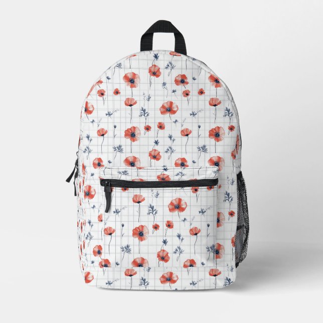 Watercolor Red Poppies Pattern on White Printed Backpack (Front)