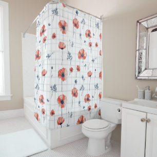 Watercolor Red Poppies Pattern on White Shower Curtain