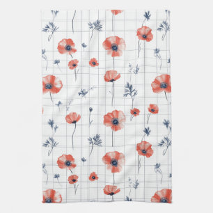 Watercolor Red Poppies Pattern on White Tea Towel