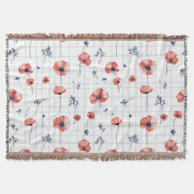 Watercolor Red Poppies Pattern on White Throw Blanket (Front)