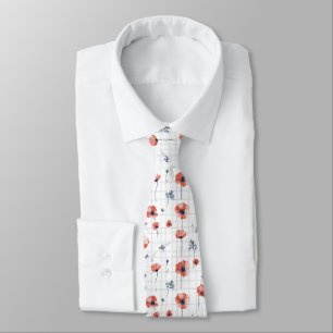 Watercolor Red Poppies Pattern on White Tie