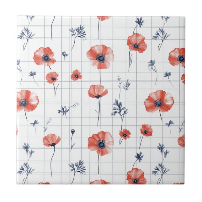 Watercolor Red Poppies Pattern on White Tile (Front)
