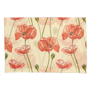 Watercolor Red Poppies Pattern. Pillowcase