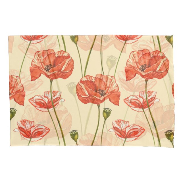 Watercolor Red Poppies Pattern. Pillowcase (Front)