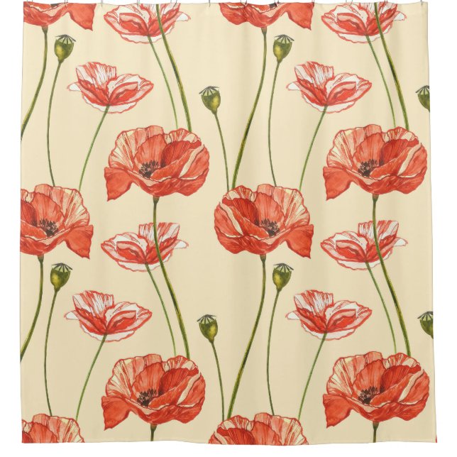 Watercolor Red Poppies Pattern. Shower Curtain (Front)