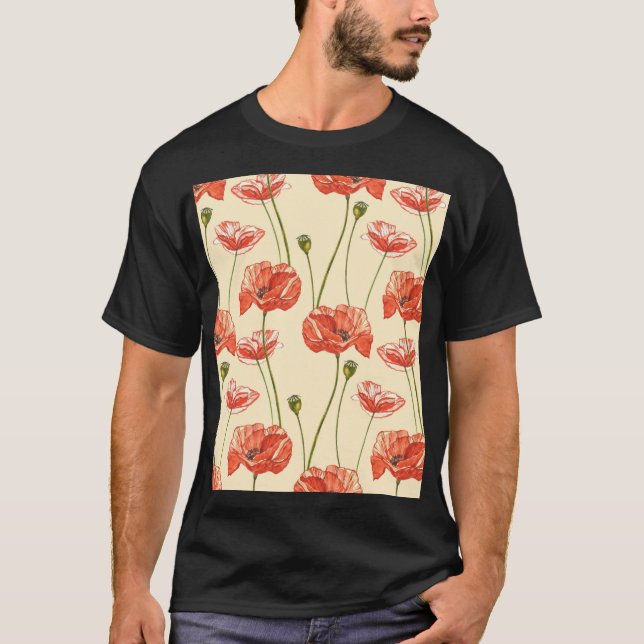 Watercolor Red Poppies Pattern. T-Shirt (Front)