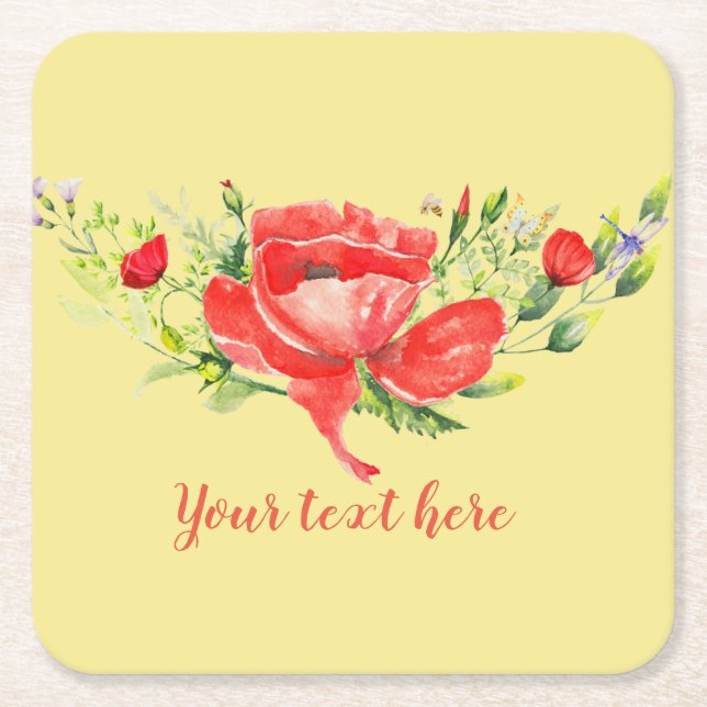 Watercolor Red Poppies Personalised Square Paper Coaster (Front)