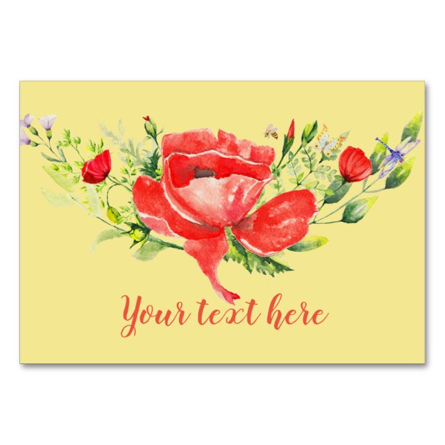 Watercolor Red Poppies Personalised Table Number (Front)