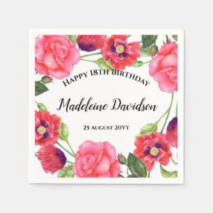 Watercolor Red Poppies Pink Rose Wreath Design Napkin