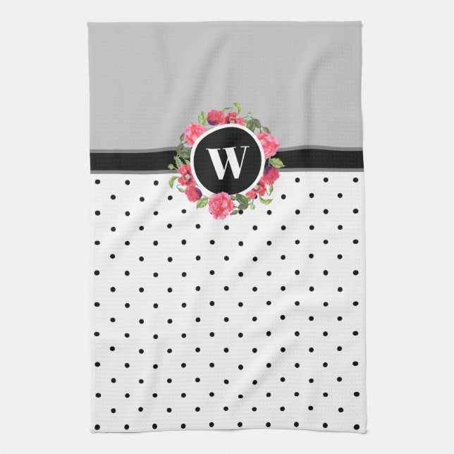 Watercolor Red Poppies Pink Rose Wreath Monogram Tea Towel (Vertical)