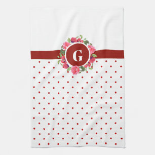 Watercolor Red Poppies Pink Rose Wreath Monogram Tea Towel