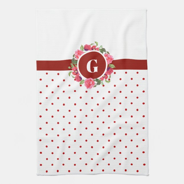 Watercolor Red Poppies Pink Rose Wreath Monogram Tea Towel (Vertical)