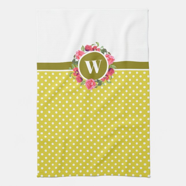 Watercolor Red Poppies Pink Rose Wreath Monogram Tea Towel (Vertical)