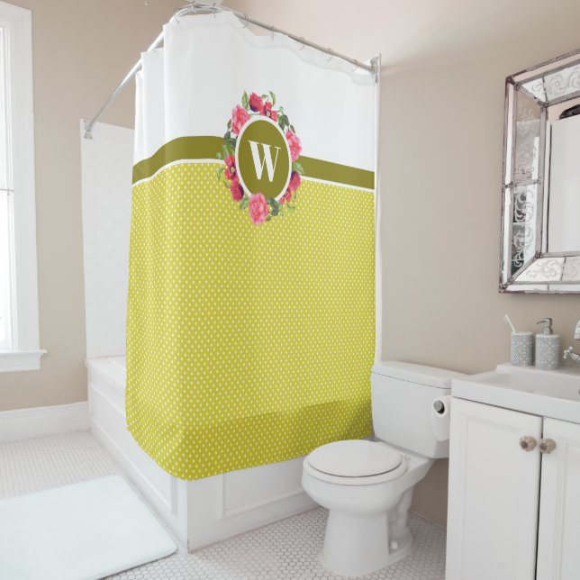 Watercolor Red Poppies Pink Roses Wreath Monogram Shower Curtain (In Situ)