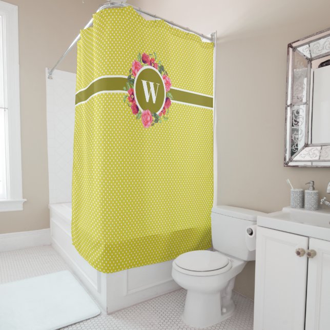 Watercolor Red Poppies Pink Roses Wreath Monogram Shower Curtain (In Situ)