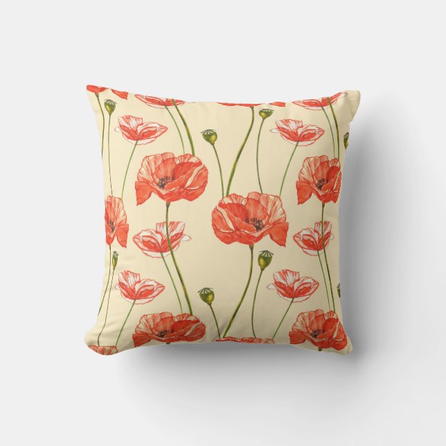 Watercolor red poppies. Seamless patterns. Wild fl Cushion (Front)