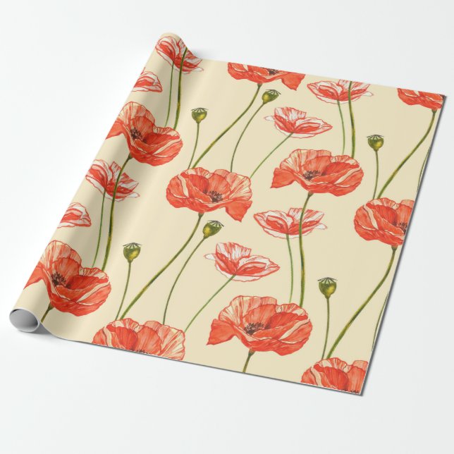 Watercolor red poppies. Seamless patterns. Wild fl Wrapping Paper (Unrolled)