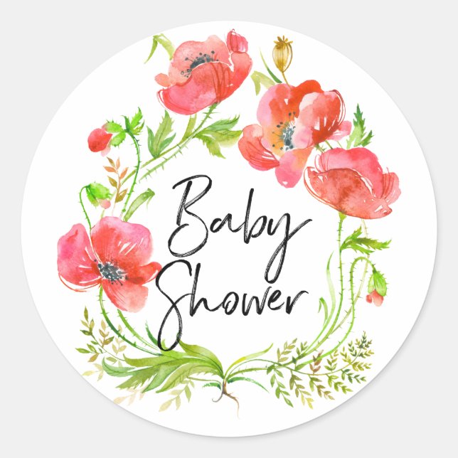 Watercolor Red Poppies Wreath Baby Shower Classic Round Sticker (Front)