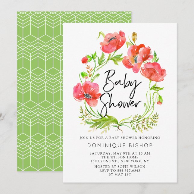 Watercolor Red Poppies Wreath Baby Shower Invitation (Front/Back)