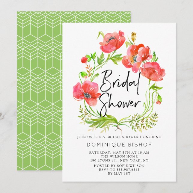 Watercolor Red Poppies Wreath Bridal Shower Invitation (Front/Back)