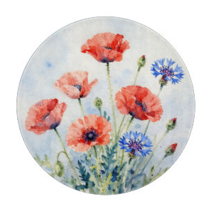 Watercolor Red Poppy Blue Cornflower Bouquet Cutting Board