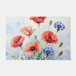 Watercolor Red Poppy Blue Cornflower Bouquet Doormat
