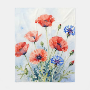 Watercolor Red Poppy Blue Cornflower Bouquet Fleece Blanket