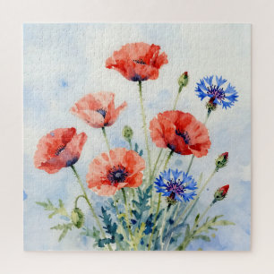 Watercolor Red Poppy Blue Cornflower Bouquet Jigsaw Puzzle