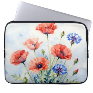 Watercolor Red Poppy Blue Cornflower Bouquet Laptop Sleeve