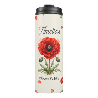 Watercolor Red Poppy Floral Monogram Botanical Art Thermal Tumbler
