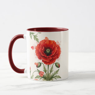 Watercolor Red Poppy Floral Monogram Wildflower Mug