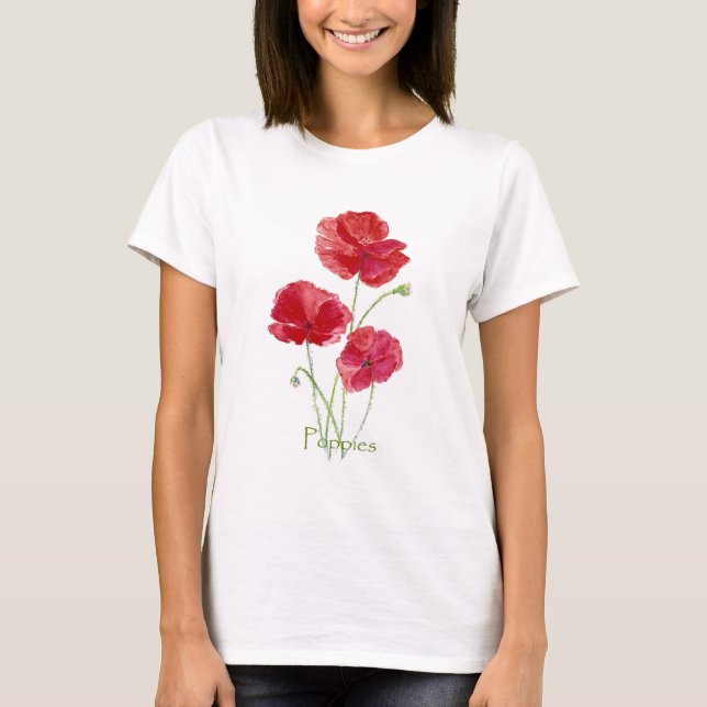 Watercolor Red Poppy Flower Floral Painting T-Shirt (Front)