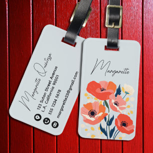 Watercolor Red Poppy Flowers Calligraphy Name Blue Luggage Tag
