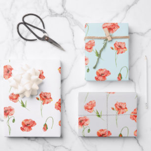 Watercolor Red Poppy Flowers Floral Wrapping Paper Sheet