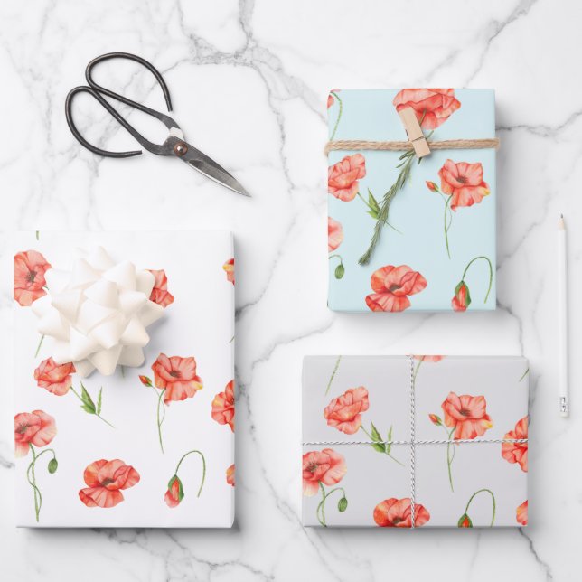Watercolor Red Poppy Flowers Floral Wrapping Paper Sheet (Front)