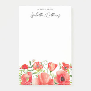 Watercolor Red Poppy Flowers Personalised Post-it Notes