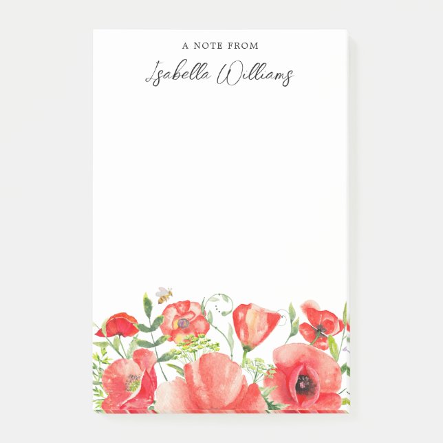 Watercolor Red Poppy Flowers Personalised Post-it Notes (Front)
