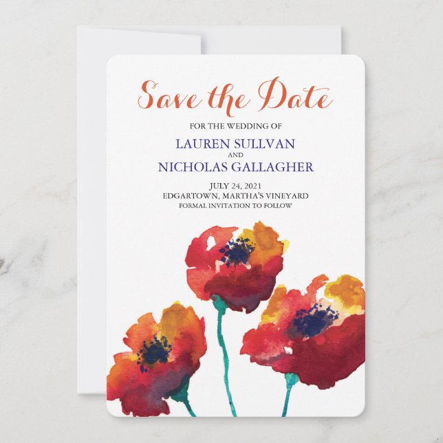 Watercolor Red Poppy Flowers Save the Date (Front)