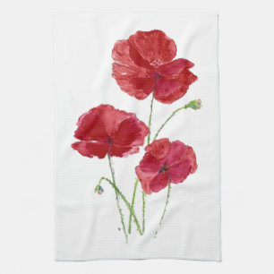 Watercolor Red Poppy Garden Flower Floral art Tea Towel