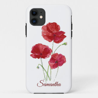 Watercolor Red Poppy Garden Flowers Custom Name iPhone 11 Case
