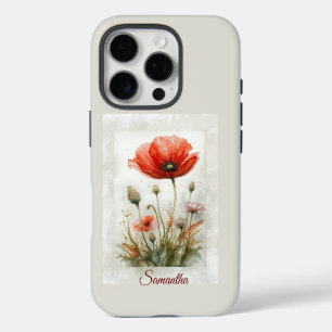 Watercolor Red Poppy Garden Flowers Custom Name iPhone 16 Pro Case