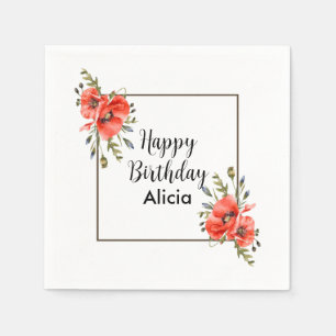 Watercolor Red Poppy Greenery 50th Birthday Napkin