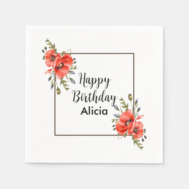 Watercolor Red Poppy Greenery 50th Birthday Napkin (Front)