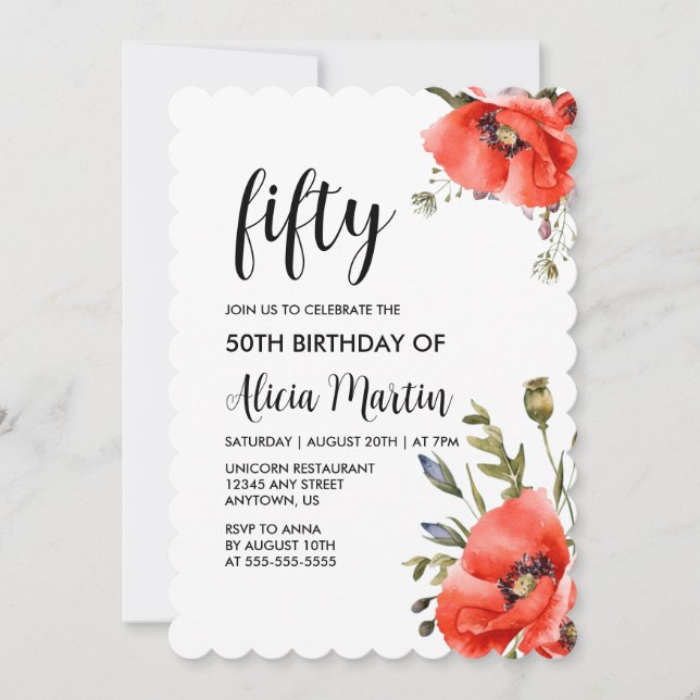 Watercolor Red Poppy Greenery Fifty Birthday  Invitation (Front)