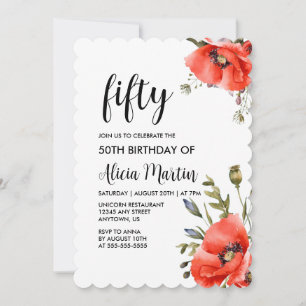 Watercolor Red Poppy Greenery Fifty Birthday  Invitation