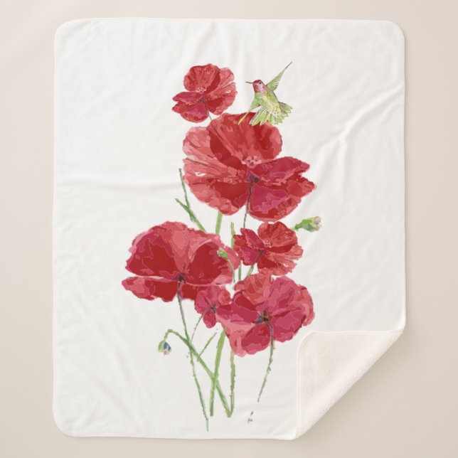Watercolor Red Poppy Hummingbird Garden Bird  Sherpa Blanket (Front)