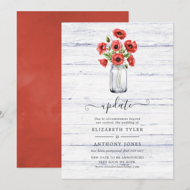 Watercolor Red Poppy Rustic Country Wedding Update Invitation (Front/Back)