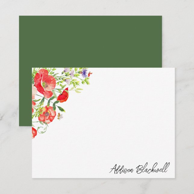 Watercolor Red Poppy Wildflower Personalised Name Card (Front/Back)