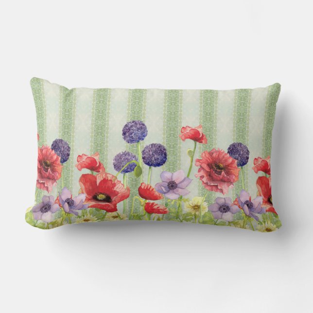 Watercolor Red Poppy Wildflower Stripe Art Mint Lumbar Cushion (Front)